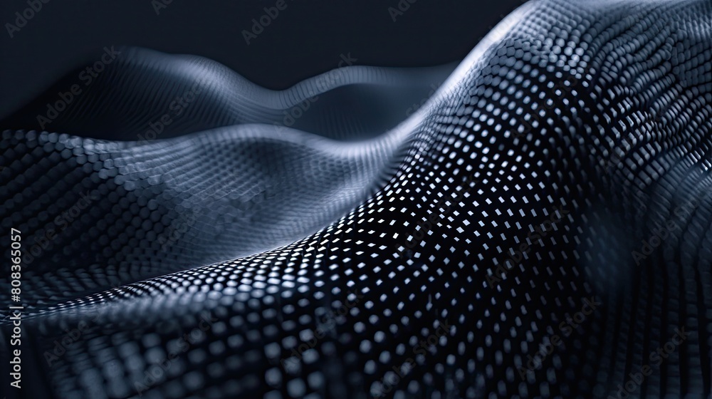 Poster a black and white image of a wave with a lot of dots. the image has a futuristic and abstract feel t