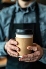 Barista man hands is holding a take away coffee cup