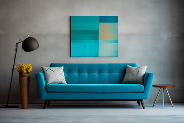 Teal sofa with vibrant blue pillows against grey stucco or concrete wall with art poster. Mid century interior design of modern living room, home