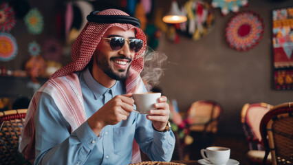A man in a traditional arabian outfit drinking coffee, AI - Powered by Adobe