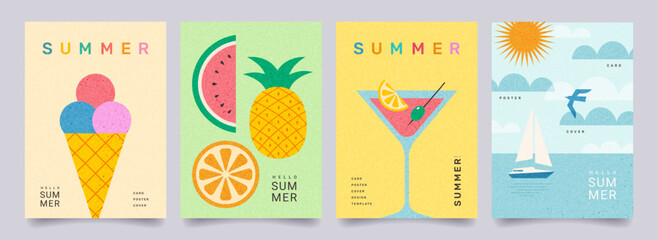 Minimal abstract summer poster set.  Ice cream, watermelon, cocktail, yacht in the sea, sun and modern typography. Summer holidays, journey, vacation illustrations. Template for banner, cover, card. © Anna Bova