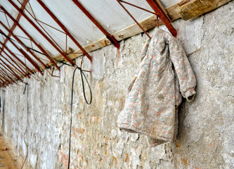 Old coat hanging on a hook on a greenhouse wall