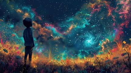 Obraz przedstawia chłopca, który patrzy na gwiazdy na niebie. Jego spojrzenie jest skierowane w górę, a w tle widać nocne niebo pełne gwiazd - obrazy, fototapety, plakaty