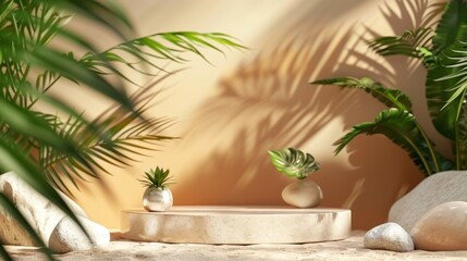 A minimalistic beige podium in a peaceful setting with palm leaves and various stones, perfect for displaying products in a relaxed, natural environment. Copy space.