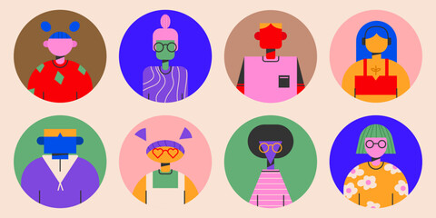 Diverse people circle avatars illustration. Diverse group of people. abstract trendy characters. Teamwork, togetherness, friendship concept.Vector EPS 10 editable stroke.