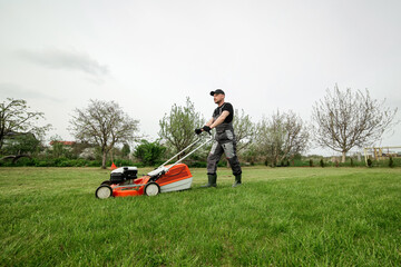 Professional gardener in protective apparel is mowing green grass lawn using modern gasoline cordless lawnmower at backyard. Seasonal landscaping design work. Blooming trees on background