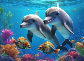 Dolphins under water at coral reef
with tropical fishes. Cartoon characters. 
Underwater world of ocean.
Algae, corals and sea anemones on the seabed.