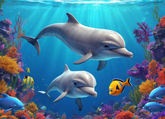 Dolphins under water at coral reef
with tropical fishes. Cartoon characters. 
Underwater world of ocean.
Algae, corals and sea anemones on the seabed.