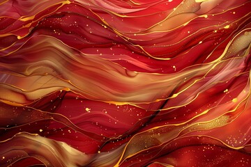 Beautiful oriental background. Fluid art, alcohol ink mixture of colors creating transparent waves and swirls. Perfect for posters, cards, other printed materials. Red and gold design.