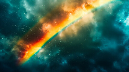 Cosmic Cloudscape in Blue Sky, Abstract Rainbow Colors, Dreamlike Fantasy Background