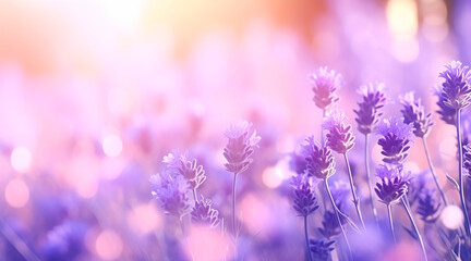 Fototapeta premium Lavender flower background closeup with soft focus and sunlight, blurred background