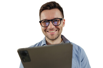 A man consultant with glasses uses a tablet, online work in an application, cut isolated