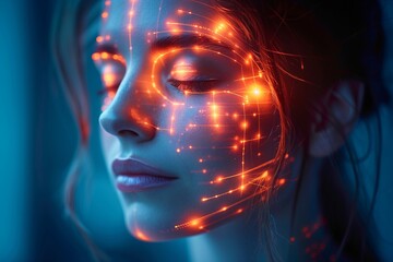 Futuristic portrayal of a woman with a digital face mask, symbolizing technology's integration with human senses and emotions.
