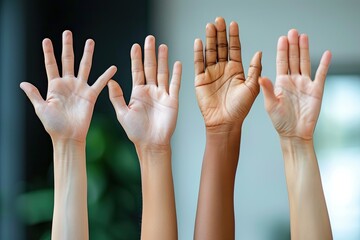 A group of people are holding up their hands in a row, with one hand being raised higher than the others