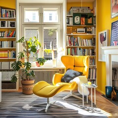 Small home library interior with big yellow chair, bright daylights, European design for tiny home, books on shelves
