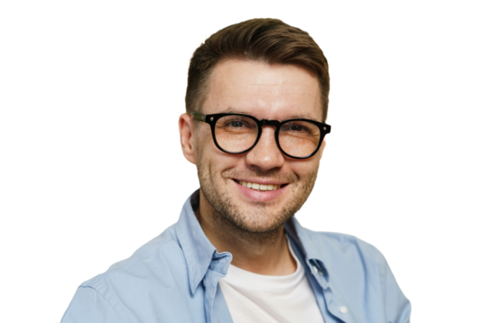 Portrait of manager man with glasses smiling friendly man, cut isolated