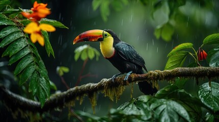 Vibrant Chestnut-Mandibled Toucan Perched on a Branch in Rainy Tropical Forest