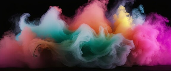 Fototapeta premium Vibrant Colored Smokes Dancing on Black Background, creating dynamic and abstract banner mockup
