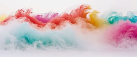 Multicolored cloud smoke rises in waves white surface, creating an abstract scene banner mockup