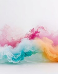 Waves of rainbow colored smoke creating an abstract, dynamic effect on a white background