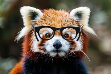 himalayan red panda portrait studious animal wearing eyeglasses back to school concept - obrazy, fototapety, plakaty