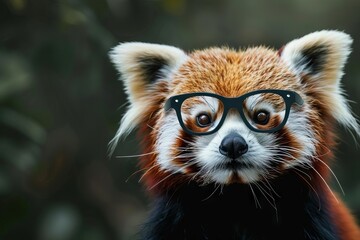 himalayan red panda portrait studious animal wearing eyeglasses back to school concept - obrazy, fototapety, plakaty