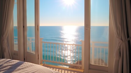 Scenic Open Window View of the Mediterranean Sea from a Sunny Bedroom