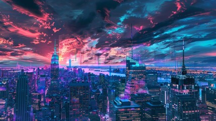 A holographic New York City skyline at sunset with vibrant pink and blue clouds and city lights