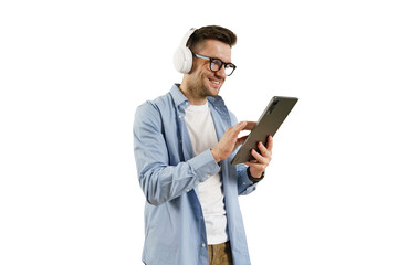 A man manager with headphones and a tablet, online education training, cut isolated