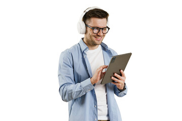 A man with headphones and a tablet, online education training, cut isolated