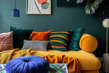 Yellow and blue vivid colors, home living room interior design with soft textures and cozy pillows