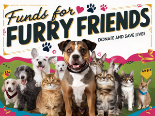 Vibrant poster featuring diverse pets with 'Funds for Furry Friends' slogan, urging donations to save lives.