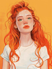portrait of a young girl with long red hair and freckles
