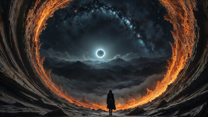 Silhouette of a woman wearing a black cloak stands on the precipice of a fiery portal overlooking misty mountains shrouded in darkness under a full solar eclipse.