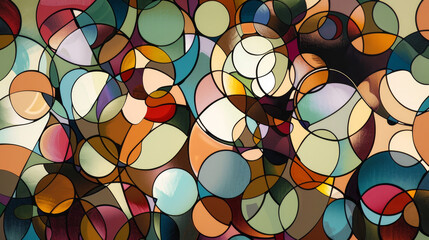 Stained glass-style artwork featuring colorful, interconnected circles on a geometric background in a blend of cool and warm hues