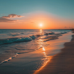 sunset on the beach crashing waves into a beach