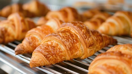 Freshly baked French croissants on a baking tray