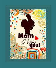 Happy Mother's Day trendy card. Silhouette of a mother with a child. hand drawing. Not AI. Vector illustration
