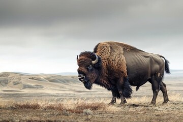 majestic lone bison standing resolutely against the harsh windswept landscape embodying strength and resilience in the face of adversity wildlife photography