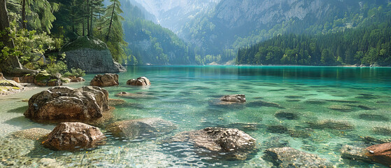 Crystal Clear Alpine Lake and Lush Green Forest, Peaceful Reflection in Slovenian Nature