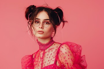 A glam style female model. Female fashion model in pink outfit in pink background. Party outfit style.