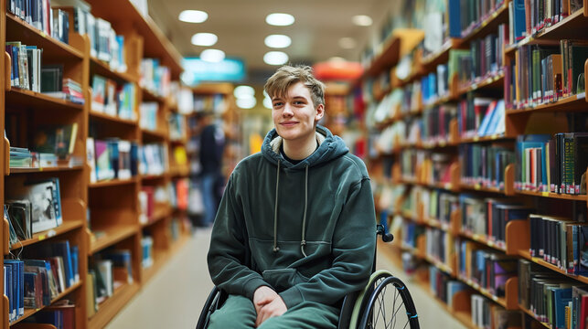 disabled caucasian high school male student in wheelchair at library, teenager, inclusion, academic activities