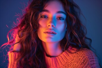 Portrait of a young beautiful woman in neon light.