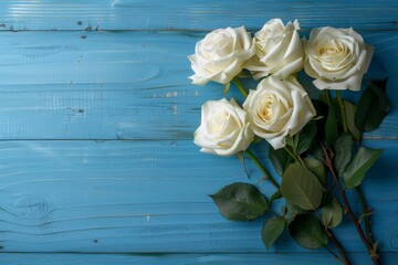 white roses on blue wooden background, copy space concept for valentine's day decoration and wedding card Generative AI