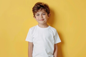 A child wearing a blank shirt mockup is taking a photo with a yellow background.