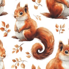 A seamless pattern of cute cartoon squirrels with bushy tails sitting among autumn leaves on a white background.