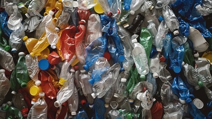 Colorful assortment of crushed plastic bottles for recycling
