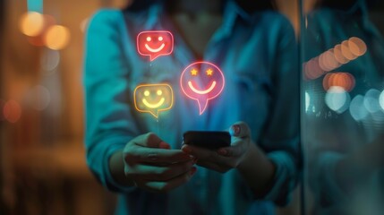 Woman interacting with positive emoji feedback on mobile in city at night