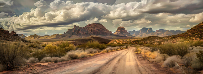 A road through the desert with a sign that says " the name of the road, High Design Realistic Desert Road: Detailed Mountain Scenery