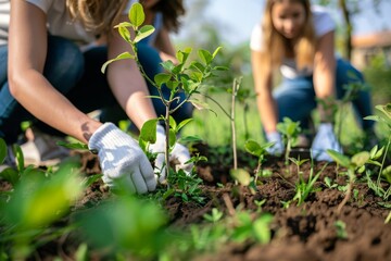 Fototapeta premium Young people planting trees in a park.